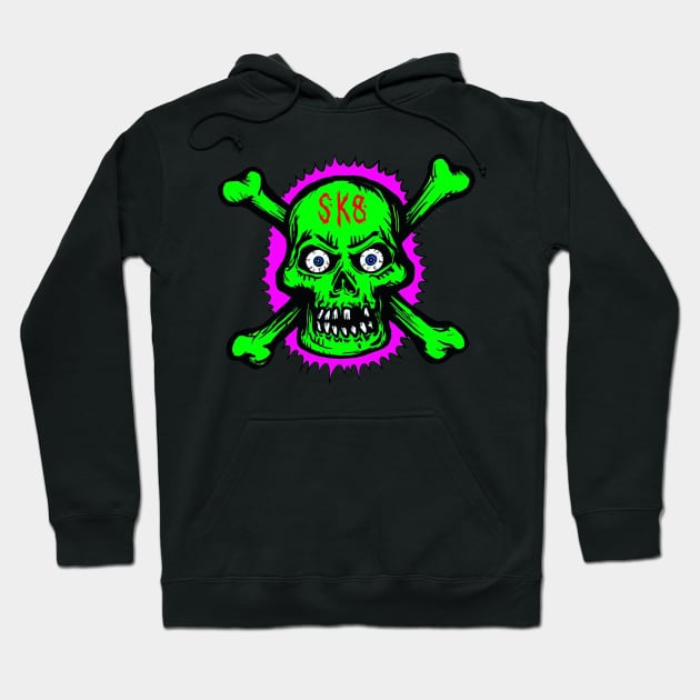 Neon Green Skull and Cross Bones 80s New Wave Style SK8 Skate Hoodie by maroonbeard